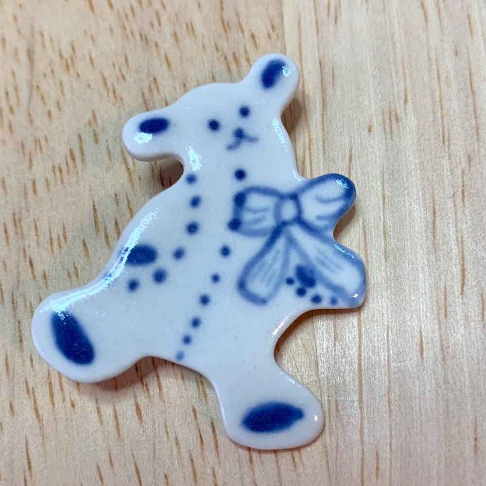 Ceramic Teddy Bear Pin with Bow, white with blue, hand painted